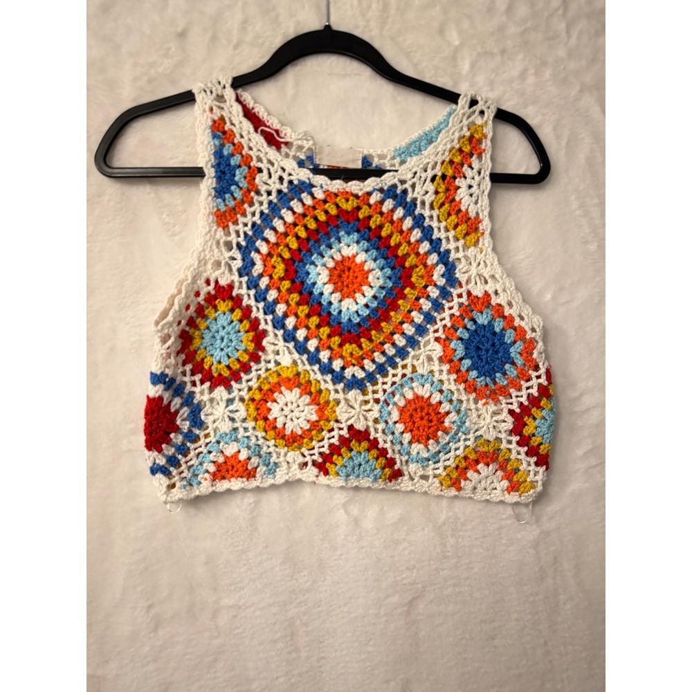 Multi-Color Crochet Granny Square Crop Top Sleeveless Boho Tank W8696 Medium